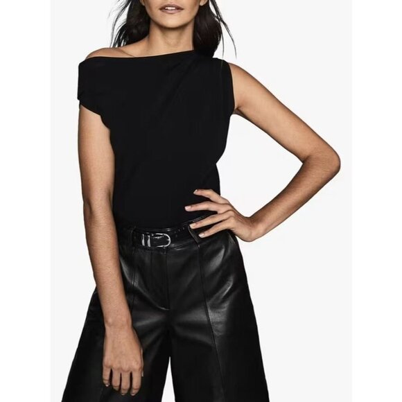 Reiss Miranda Drape Shoulder Top Black Stretch Knit L - Picture 1 of 11
